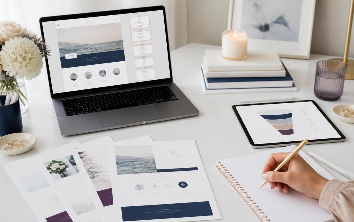Marketing desk with a laptop showing a landing page, printed lead magnet pages and a tablet with a funnel diagram